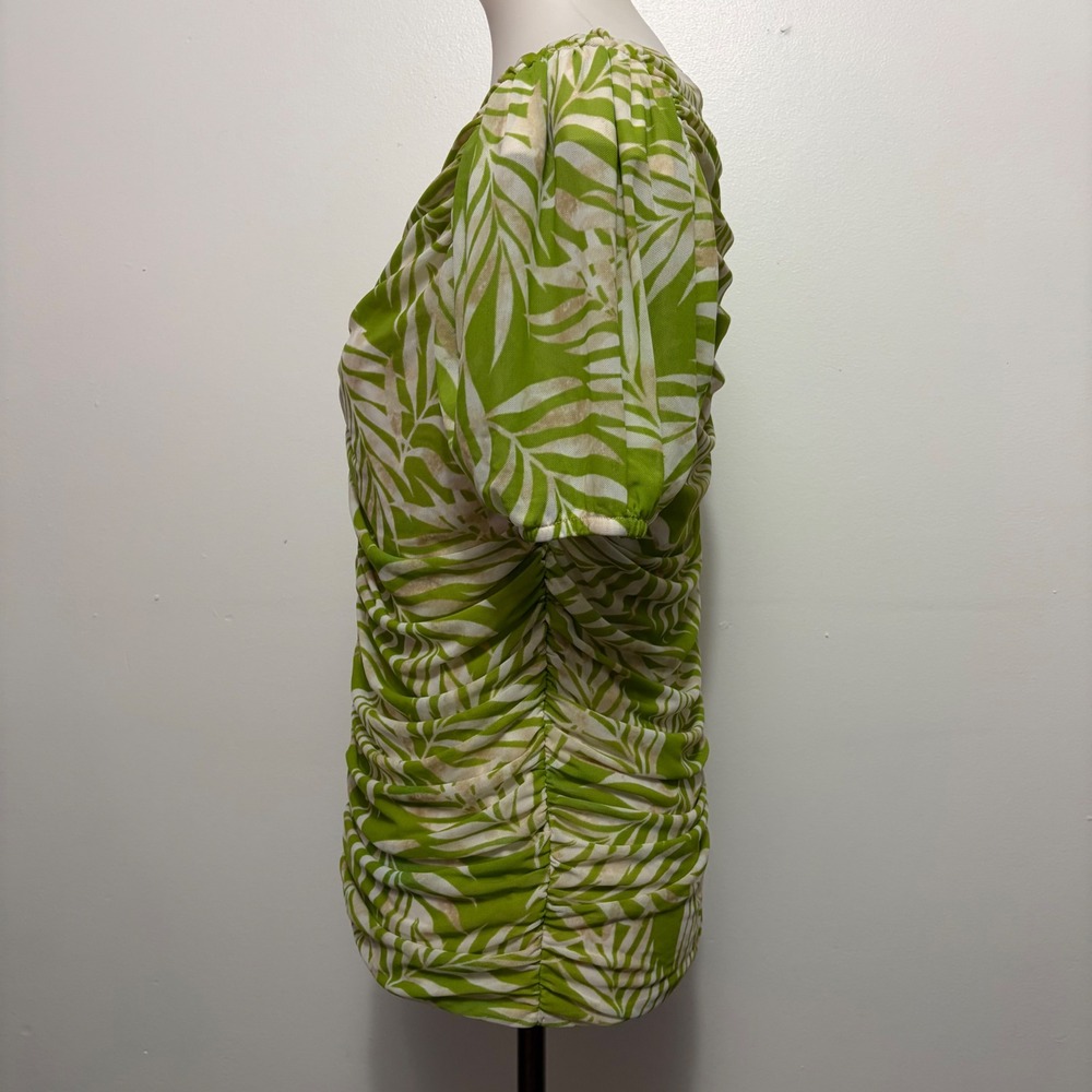 Cato Ruched Mesh Palm Print Top Size M Lime Green Tropical Short Sleeve Blouse - Picture 3 of 8